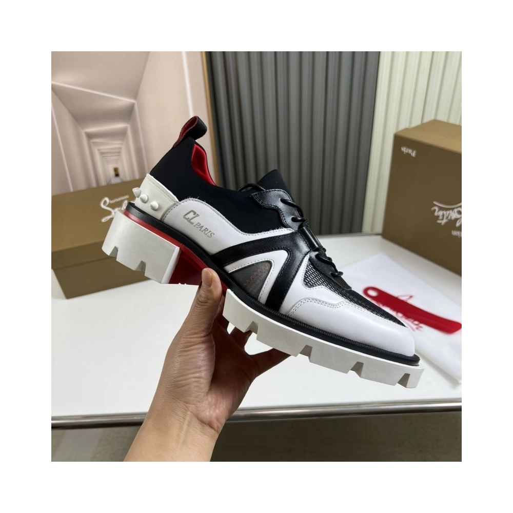 Fake Christian Louboutin Hybribri Flat Derby Shoes Calf Leather and Mesh White Black