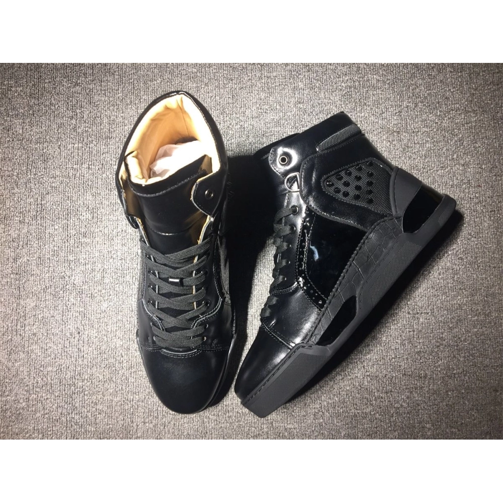 Cheap Christian Louboutin Loubikick Flat High-top Sneakers Calfskin Patent Leather Black