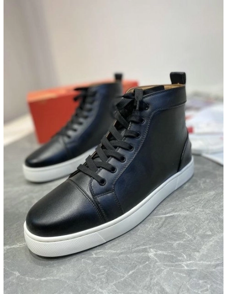 Fake Christian Louboutin Louis Flat High-top Sneakers Calfskin Black White