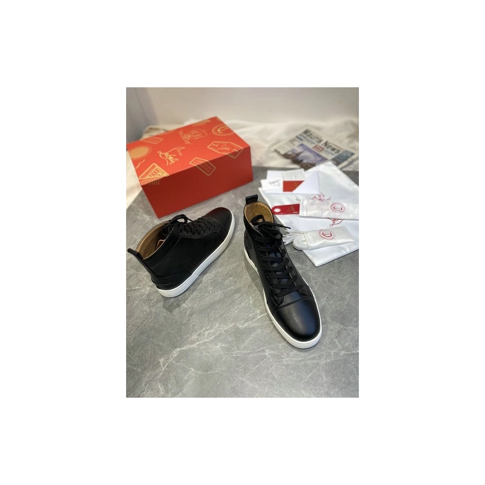 Fake Christian Louboutin Louis Flat High-top Sneakers Calfskin Black White
