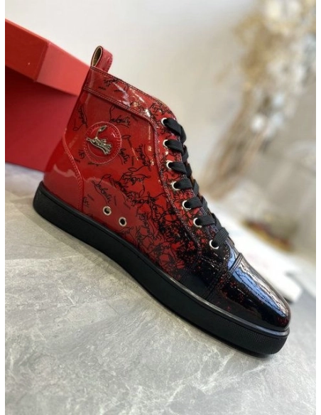 Cheap Christian Louboutin Louis Flat Degraloubi High-top Men Sneaker Patent Leather Black Red