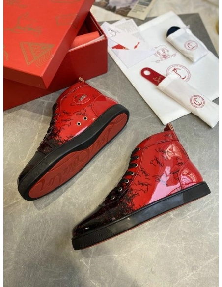 Cheap Christian Louboutin Louis Flat Degraloubi High-top Men Sneaker Patent Leather Black Red
