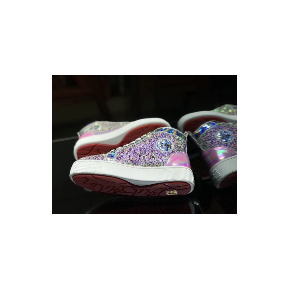 Cheap Christian Louboutin Louis Flat High-Top Men Sneakers Crystals Embellished Iridescent Leather Pink