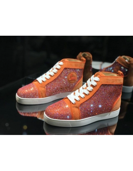 Cheap Christian Louboutin Louis Strass High-Top Sneakers Veau Velous and Strass Orange White for Sale