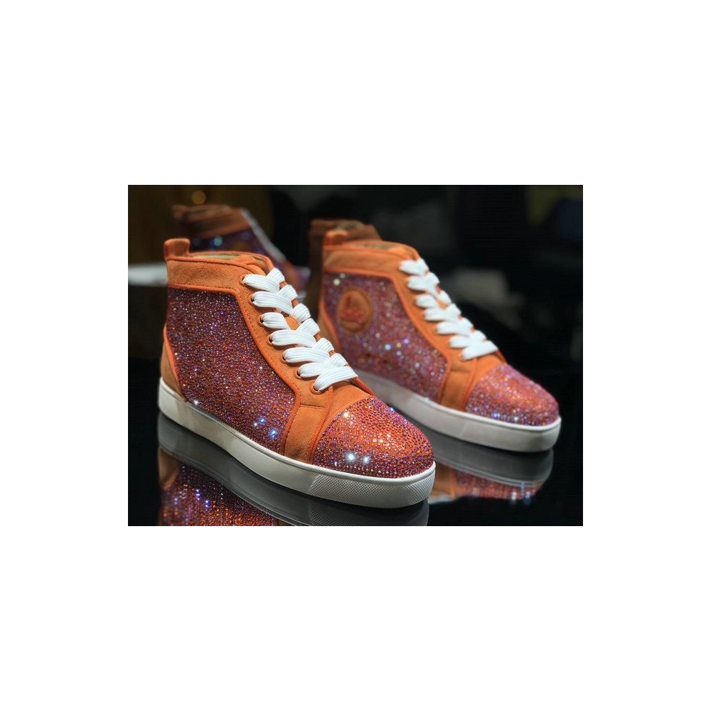 Cheap Christian Louboutin Louis Strass High-Top Sneakers Veau Velous and Strass Orange White for Sale