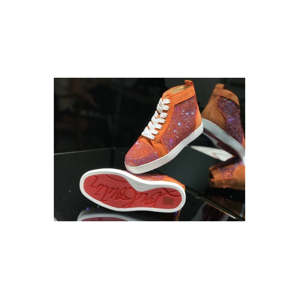 Cheap Christian Louboutin Louis Strass High-Top Sneakers Veau Velous and Strass Orange White for Sale