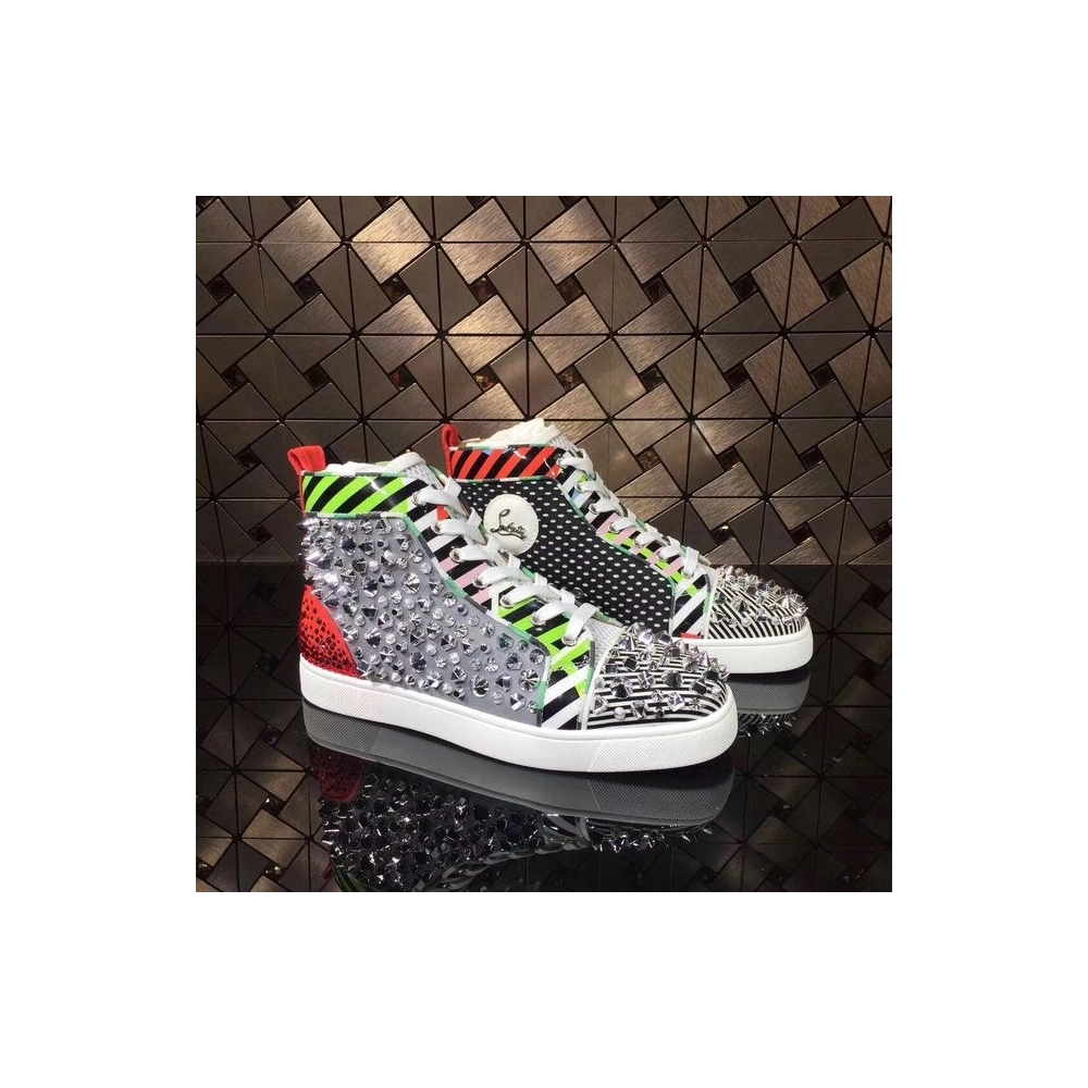 Knockoff Christian Louboutin Rockstud Spike High-Top Sneakers Leather Multicolor