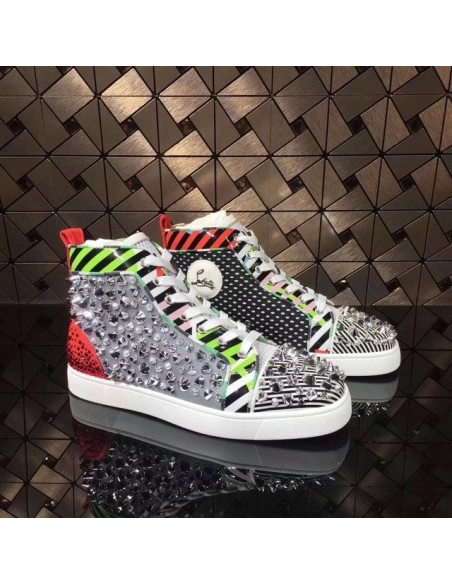 Knockoff Christian Louboutin Rockstud Spike High-Top Sneakers Leather Multicolor