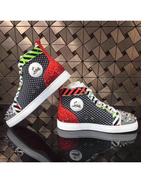 Knockoff Christian Louboutin Rockstud Spike High-Top Sneakers Leather Multicolor