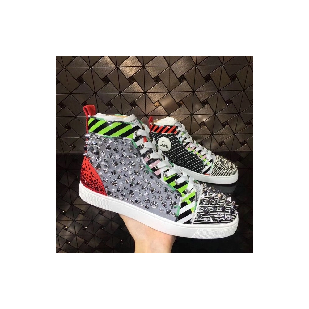 Knockoff Christian Louboutin Rockstud Spike High-Top Sneakers Leather Multicolor