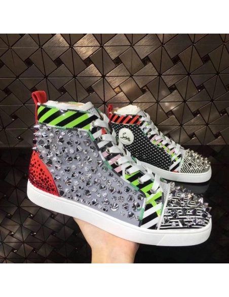 Knockoff Christian Louboutin Rockstud Spike High-Top Sneakers Leather Multicolor