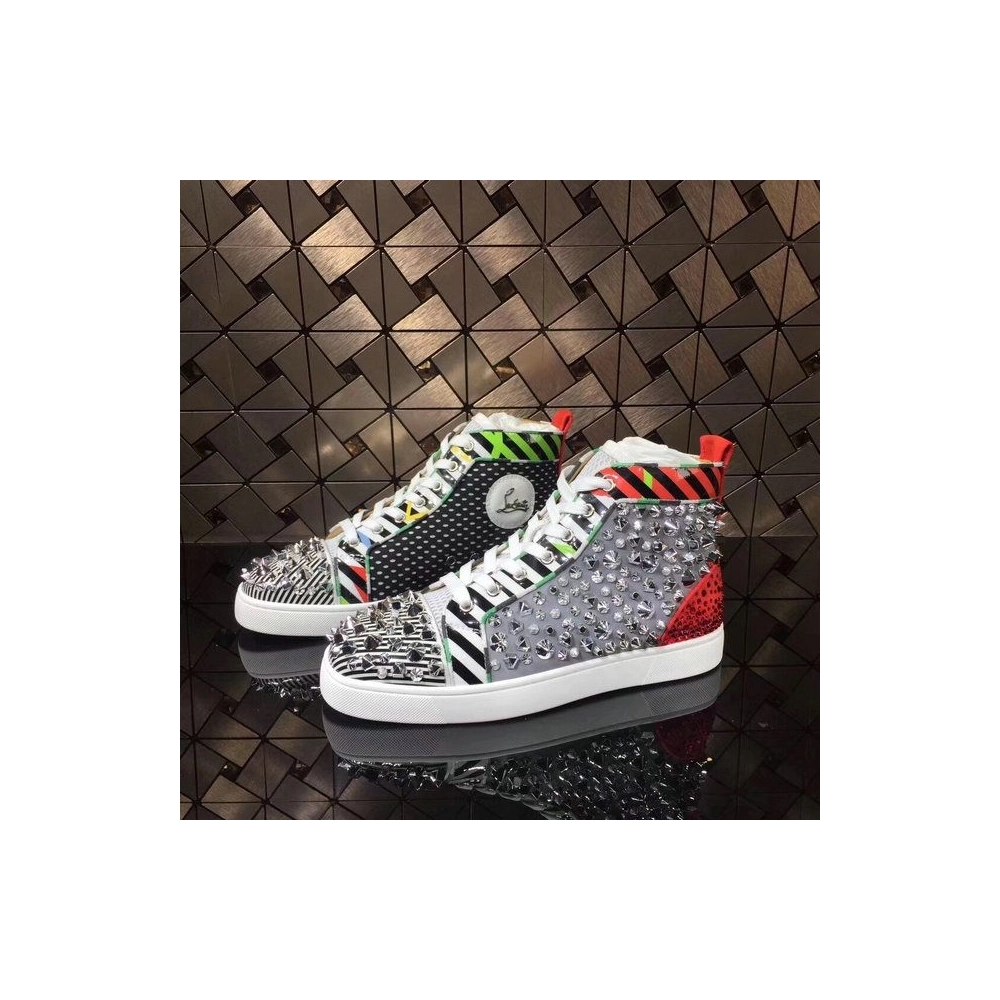 Knockoff Christian Louboutin Rockstud Spike High-Top Sneakers Leather Multicolor