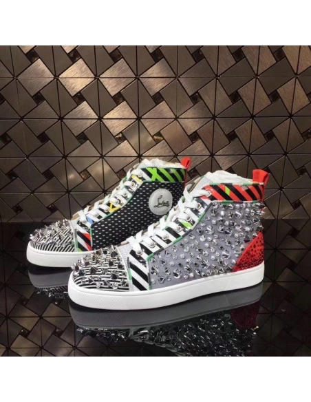 Knockoff Christian Louboutin Rockstud Spike High-Top Sneakers Leather Multicolor
