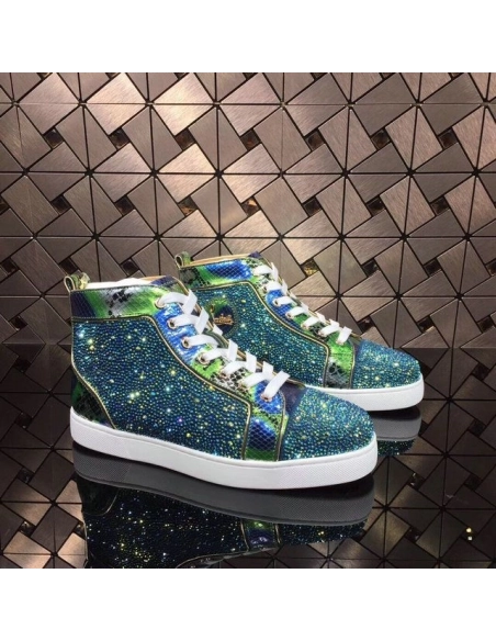 Christian Louboutin Louis Strass High-Top Sneakers Python Leather Blue Green Outlet Sale