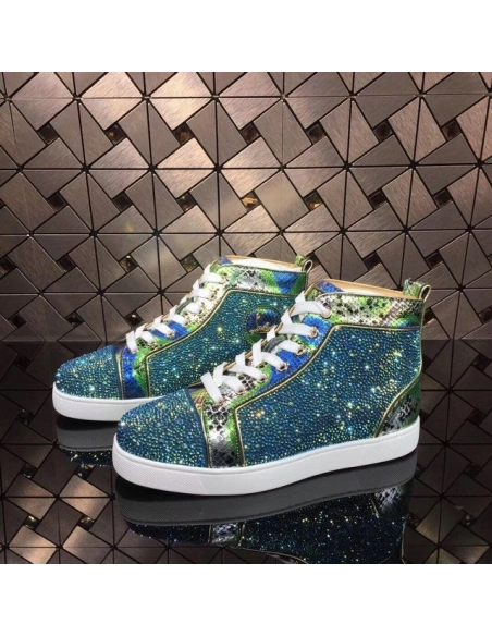 Christian Louboutin Louis Strass High-Top Sneakers Python Leather Blue Green Outlet Sale