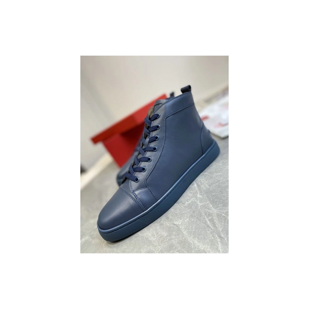 Cheap Christian Louboutin Louis High-Top Sneakers Calfskin Navy Blue Sale Online