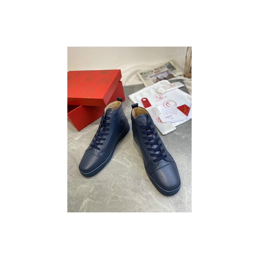 Cheap Christian Louboutin Louis High-Top Sneakers Calfskin Navy Blue Sale Online
