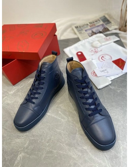 Cheap Christian Louboutin Louis High-Top Sneakers Calfskin Navy Blue Sale Online
