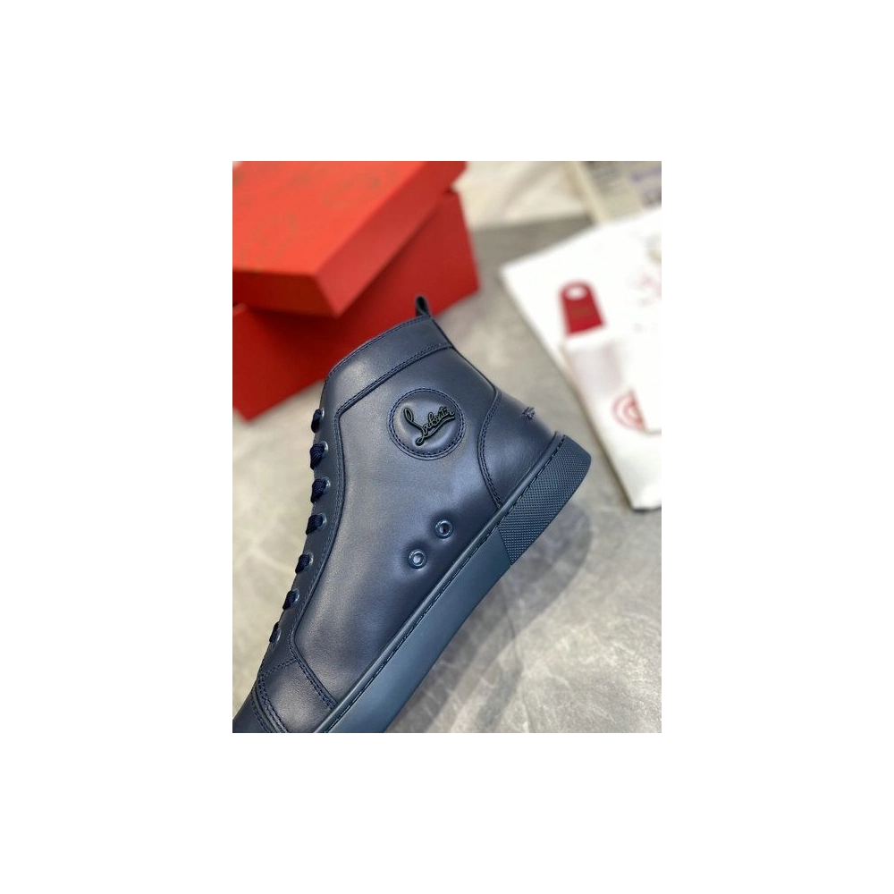 Cheap Christian Louboutin Louis High-Top Sneakers Calfskin Navy Blue Sale Online