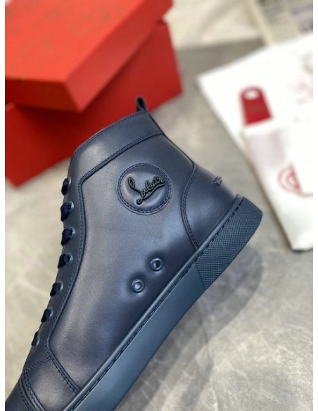 Cheap Christian Louboutin Louis High-Top Sneakers Calfskin Navy Blue Sale Online