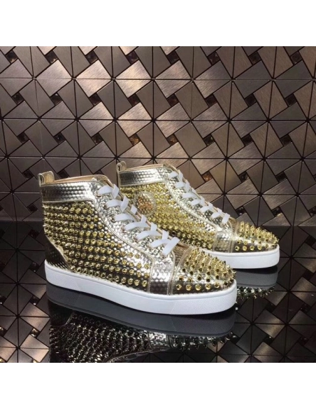 Replica Christian Louboutin Louis Spikes High-top Men Sneakers Texture Leather Gold