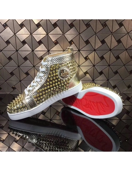 Replica Christian Louboutin Louis Spikes High-top Men Sneakers Texture Leather Gold