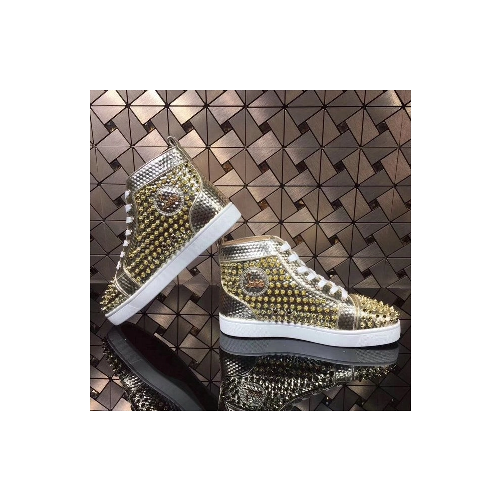 Replica Christian Louboutin Louis Spikes High-top Men Sneakers Texture Leather Gold
