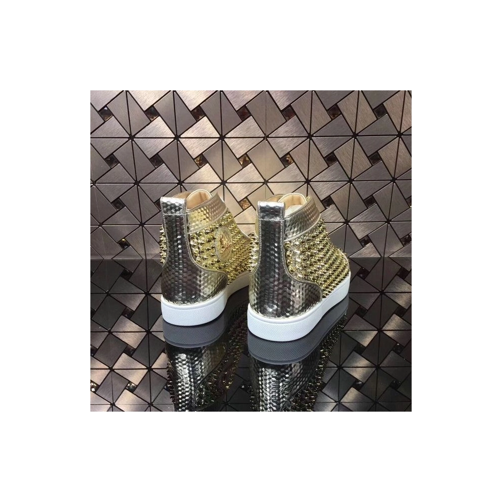 Replica Christian Louboutin Louis Spikes High-top Men Sneakers Texture Leather Gold