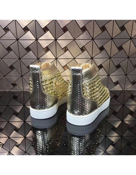Replica Christian Louboutin Louis Spikes High-top Men Sneakers Texture Leather Gold
