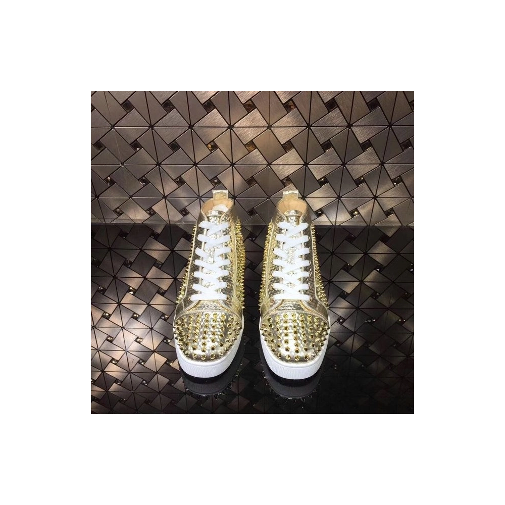 Replica Christian Louboutin Louis Spikes High-top Men Sneakers Texture Leather Gold