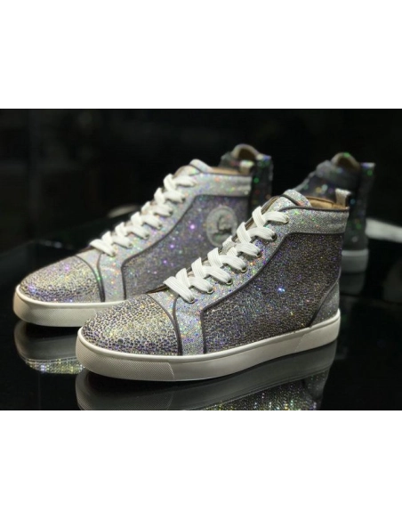 Cheap Christian Louboutin Louis Strass High-top Men Sneakers Glitter Leather Silver for Sale