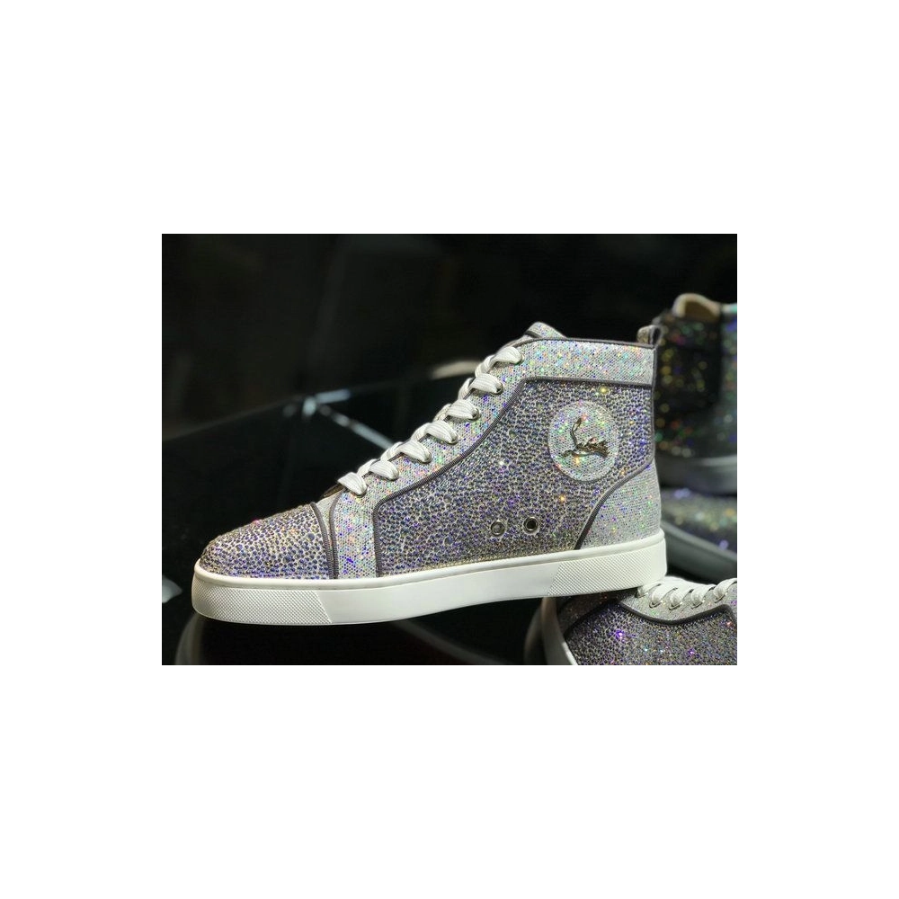 Cheap Christian Louboutin Louis Strass High-top Men Sneakers Glitter Leather Silver for Sale