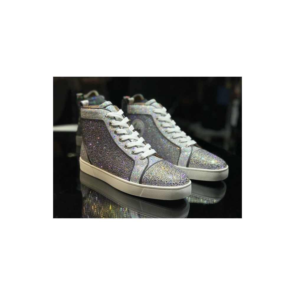 Cheap Christian Louboutin Louis Strass High-top Men Sneakers Glitter Leather Silver for Sale