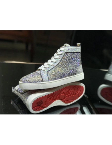 Cheap Christian Louboutin Louis Strass High-top Men Sneakers Glitter Leather Silver for Sale