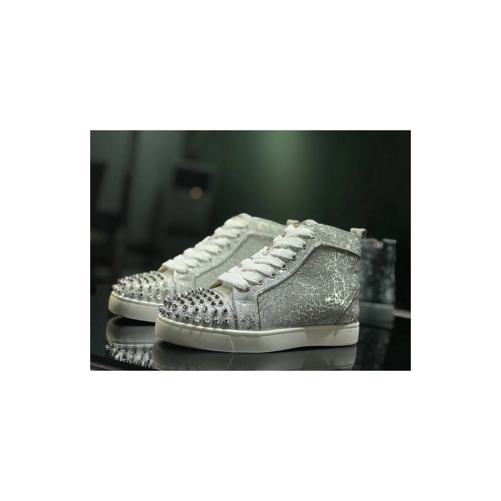 Discount Christian Louboutin Lou Spikes High-top Sneakers Glitter Leather Silver OutletOnline