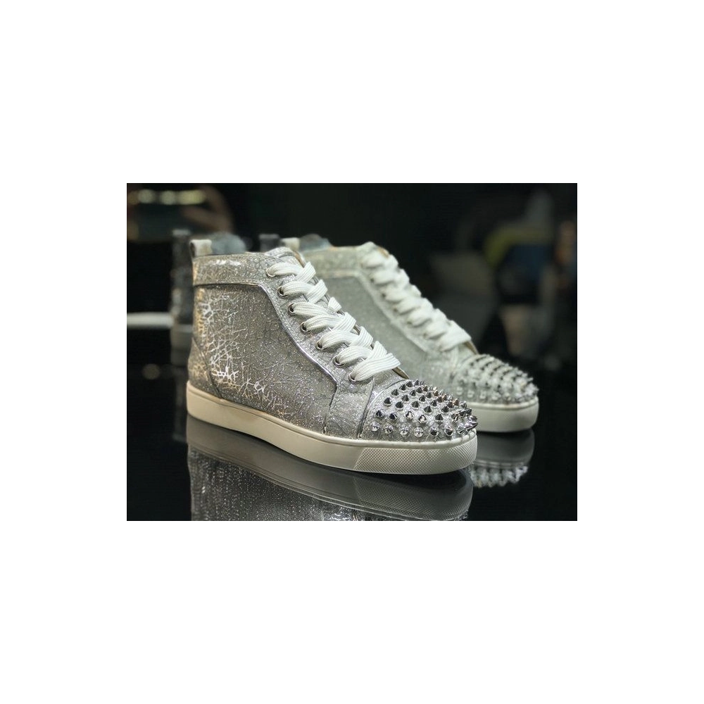 Discount Christian Louboutin Lou Spikes High-top Sneakers Glitter Leather Silver OutletOnline