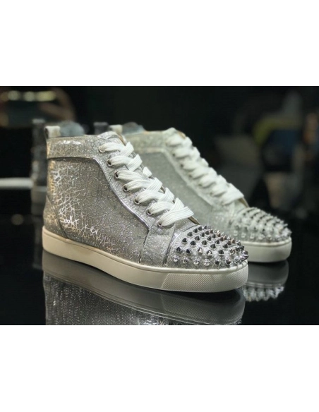 Discount Christian Louboutin Lou Spikes High-top Sneakers Glitter Leather Silver OutletOnline