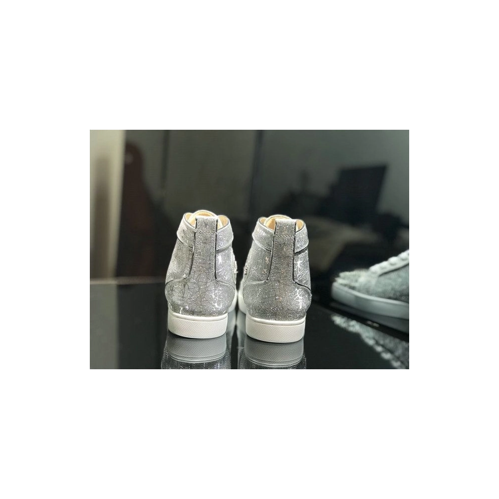 Discount Christian Louboutin Lou Spikes High-top Sneakers Glitter Leather Silver OutletOnline