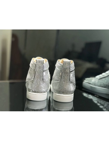 Discount Christian Louboutin Lou Spikes High-top Sneakers Glitter Leather Silver OutletOnline