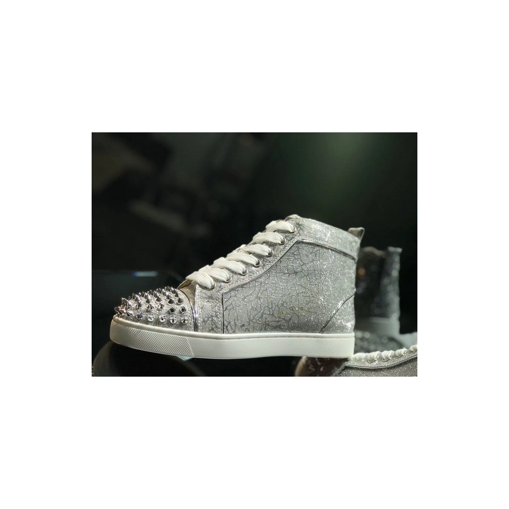 Discount Christian Louboutin Lou Spikes High-top Sneakers Glitter Leather Silver OutletOnline