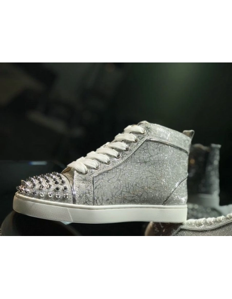 Discount Christian Louboutin Lou Spikes High-top Sneakers Glitter Leather Silver OutletOnline