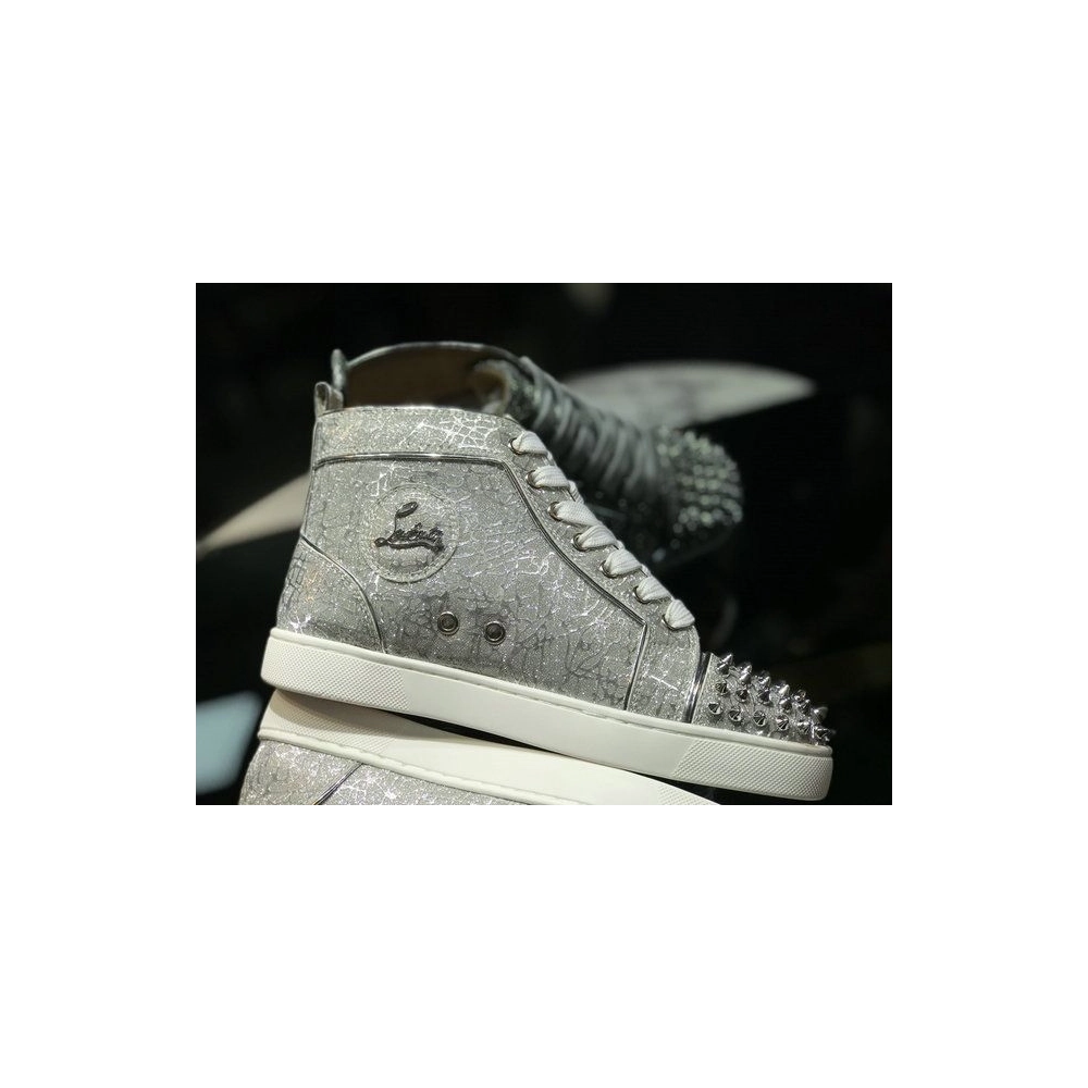 Discount Christian Louboutin Lou Spikes High-top Sneakers Glitter Leather Silver OutletOnline