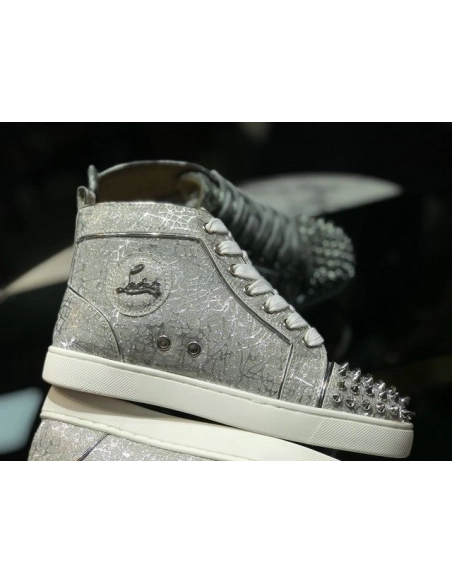 Discount Christian Louboutin Lou Spikes High-top Sneakers Glitter Leather Silver OutletOnline