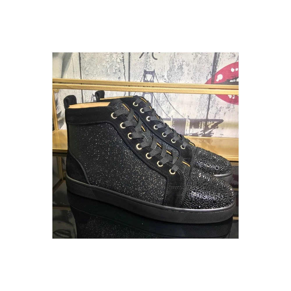 Cheap Christian Louboutin Louis Orlato Flat Sneakers Suede and Glitter Leather Black for Sale