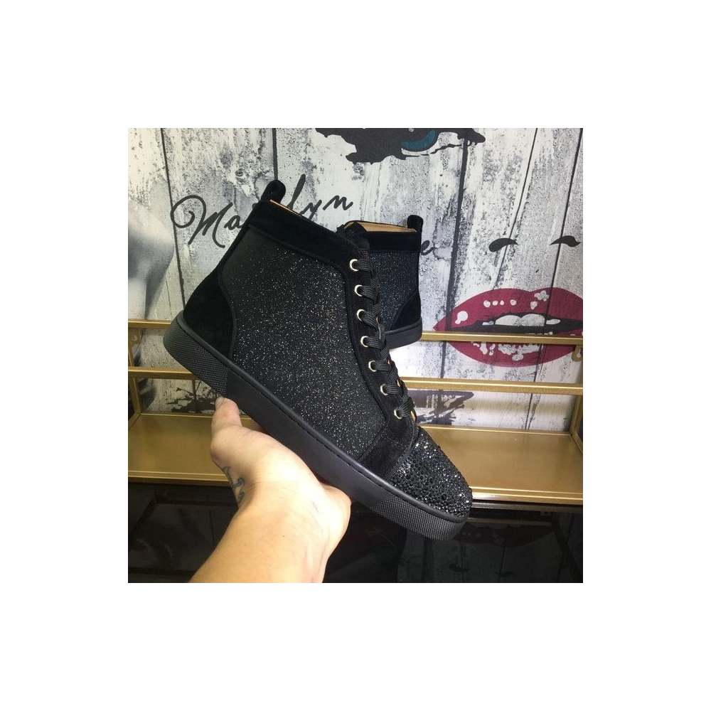 Cheap Christian Louboutin Louis Orlato Flat Sneakers Suede and Glitter Leather Black for Sale