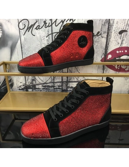 Christian Louboutin Louis Strass Orlato Flat Sneakers Suede Black Red Outlet Sale