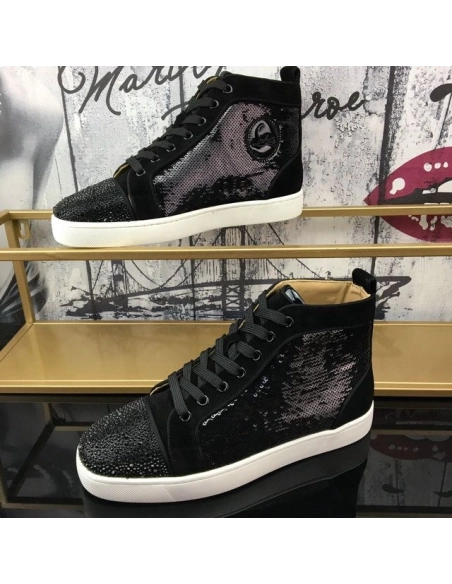 Replica Christian Louboutin Louis Strass Sneakers Veau Velours Sequin Black