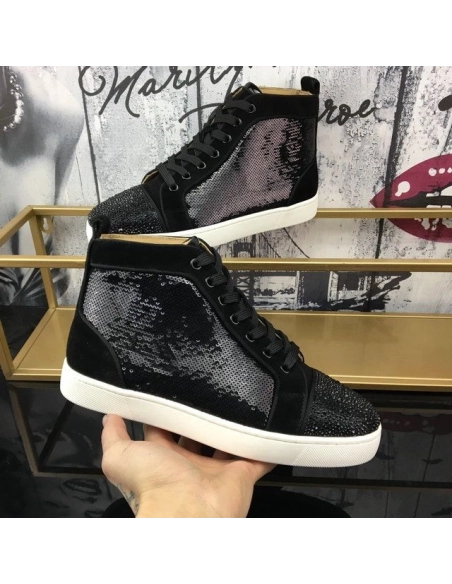 Replica Christian Louboutin Louis Strass Sneakers Veau Velours Sequin Black