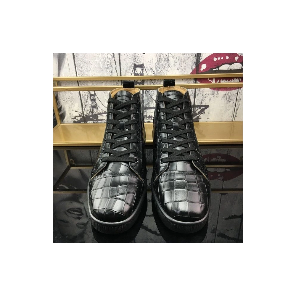 Knockoff Christian Louboutin Louis Flat High-Top Sneakers Crocodile Embossed Leather Black