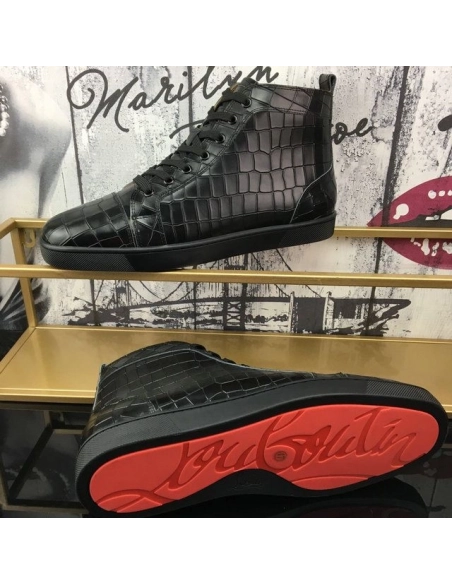 Knockoff Christian Louboutin Louis Flat High-Top Sneakers Crocodile Embossed Leather Black